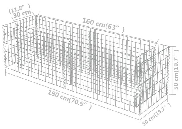 Συρματοκιβώτιο-Γλάστρα Υπερυψωμένη 180x50x50 εκ. Γαλβ. Χάλυβας - Ασήμι