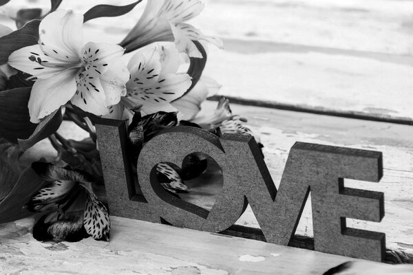 Πίνακας σε καμβά με ξύλινη επιγραφή Love σε ασπρόμαυρη εκδοχή