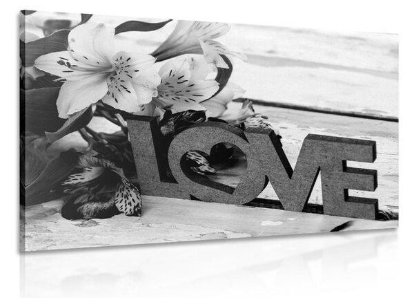 Πίνακας σε καμβά με ξύλινη επιγραφή Love σε ασπρόμαυρη εκδοχή