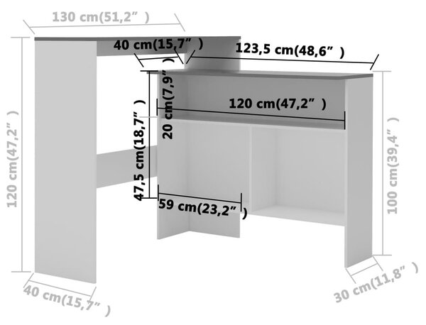 Τραπέζι Μπαρ με 2 Επιφάνειες Λευκό / Γκρι 130 x 40 x 120 εκ. - Λευκό