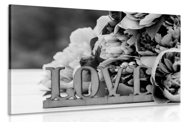 Πίνακας σε καμβά παιώνιες με επιγραφή Love σε ασπρόμαυρη εκδοχή