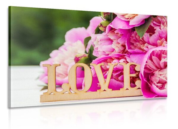 Πίνακας σε καμβά παιώνιες με επιγραφή Love