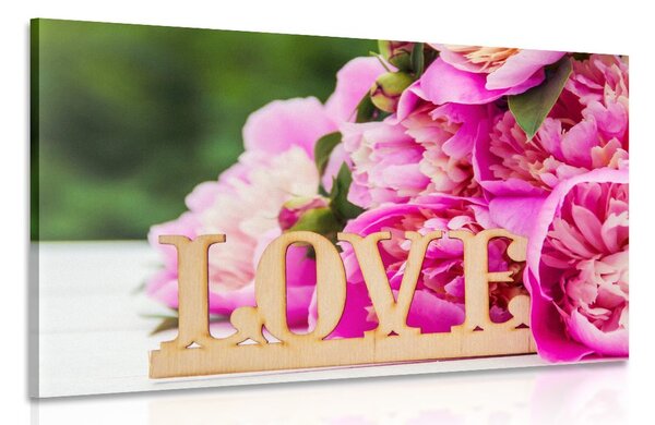 Πίνακας σε καμβά παιώνιες με επιγραφή Love