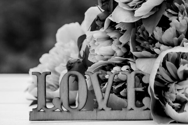 Πίνακας σε καμβά παιώνιες με επιγραφή Love σε ασπρόμαυρη εκδοχή