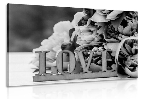 Πίνακας σε καμβά παιώνιες με επιγραφή Love σε ασπρόμαυρη εκδοχή