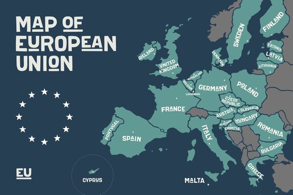 Πίνακας σε καμβά εκπαιδευτικός χάρτης με ονόματα χωρών της Ευρωπαϊκής Ένωσης