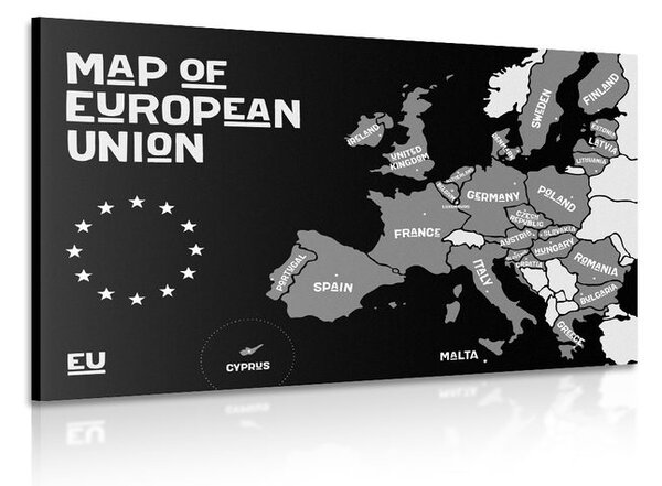 Πίνακας σε καμβά εκπαιδευτικός χάρτης με ονόματα χωρών της Ευρωπαϊκής Ένωσης σε ασπρόμαυρη εκδοχή