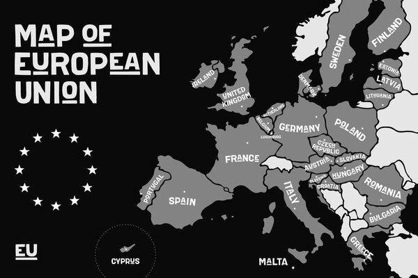 Πίνακας σε καμβά εκπαιδευτικός χάρτης με ονόματα χωρών της Ευρωπαϊκής Ένωσης σε ασπρόμαυρη εκδοχή