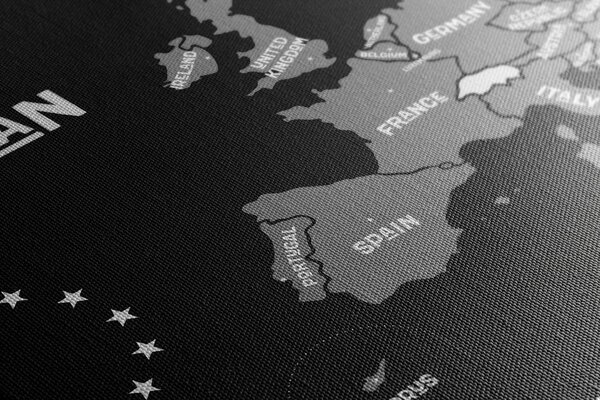 Πίνακας σε καμβά εκπαιδευτικός χάρτης με ονόματα χωρών της Ευρωπαϊκής Ένωσης σε ασπρόμαυρη εκδοχή