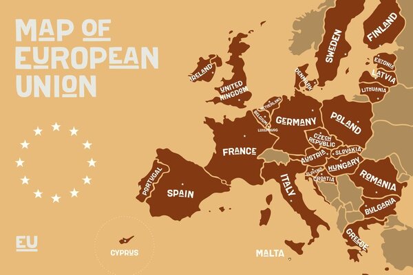Πίνακας σε καμβά εκπαιδευτικός χάρτης με ονόματα χωρών της Ευρωπαϊκής Ένωσης σε αποχρώσεις του καφέ