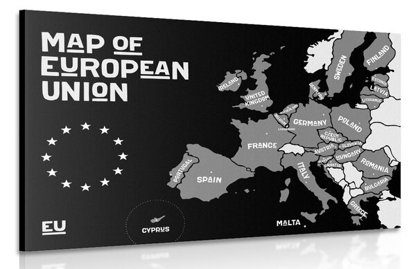 Πίνακας σε καμβά εκπαιδευτικός χάρτης με ονόματα χωρών της Ευρωπαϊκής Ένωσης σε ασπρόμαυρη εκδοχή