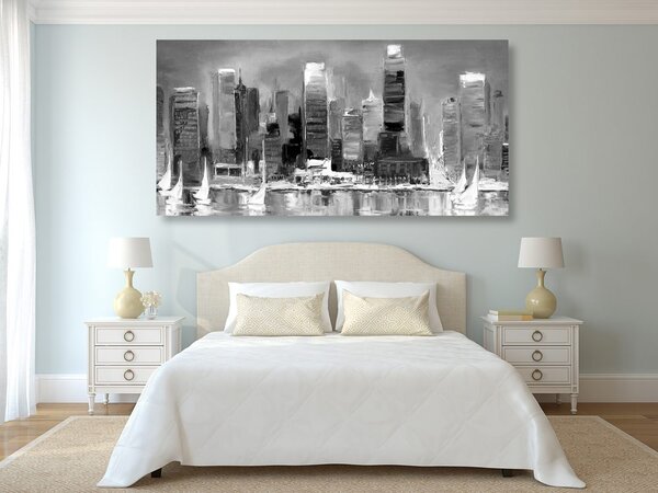 Πίνακας σε καμβά παραλιακή πόλη σε ασπρόμαυρο