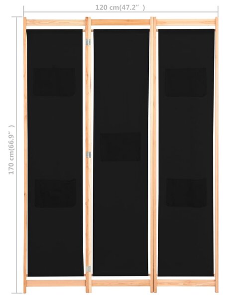 Διαχωριστικό Δωματίου με 3 Πάνελ Μαύρο 120x170x4 εκ. Υφασμάτινο - Μαύρο