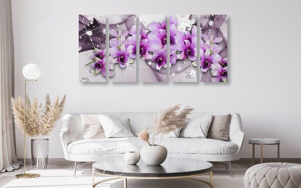 Πεντάπτυχος πίνακας μοβ άνθη σε αφηρημένο φόντο