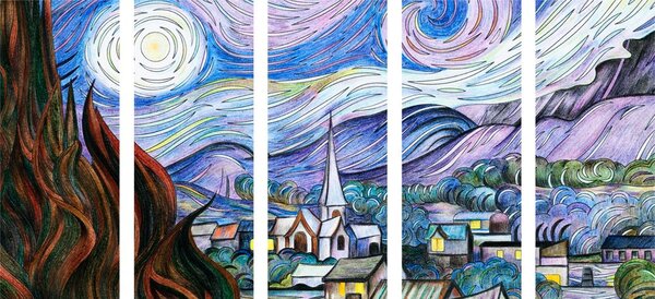 Πεντάπτυχος πίνακας αναπαραγωγή Hvězdná noc - Vincent van Gogh