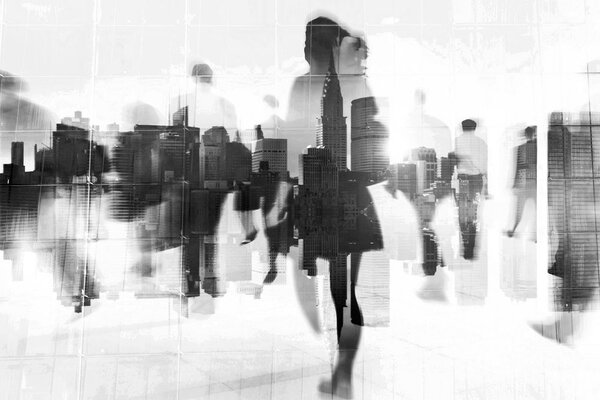 Πίνακας σε καμβά σιλουέτες ανθρώπων στη μεγαλούπολη σε ασπρόμαυρο