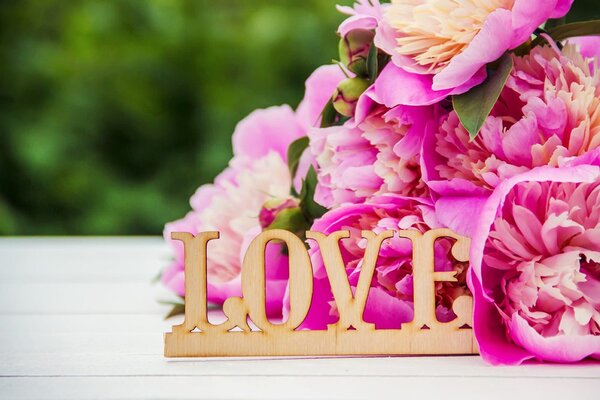 Φωτοταπετσαρία παιώνιες με την επιγραφή Love