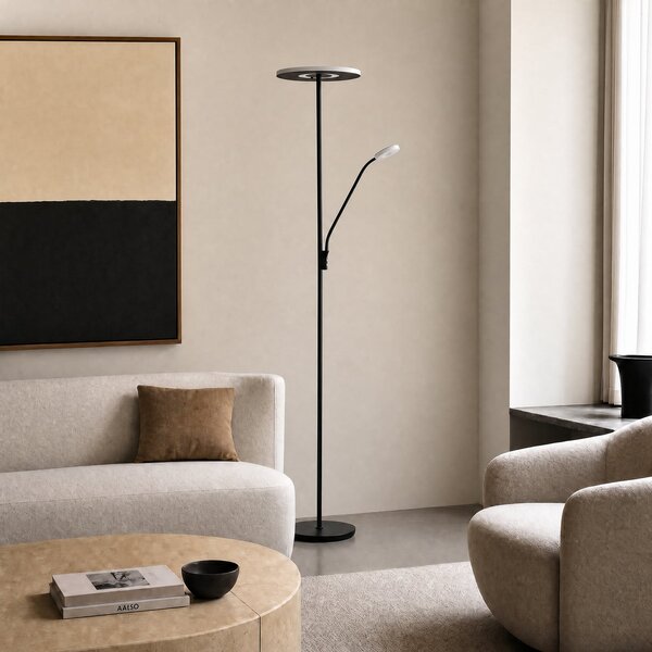 Lucande Λάμπα δαπέδου LED Raymond, μαύρη, CCT, φως ανάγνωσης, ρυθμιζόμενος, Μαύρο, Σαλόνι / τραπεζαρία, Μέταλλο, σύγχρονο