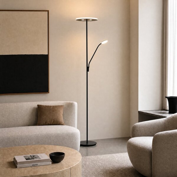 Lucande Λάμπα δαπέδου LED Raymond, μαύρη, CCT, φως ανάγνωσης, ρυθμιζόμενος, Μαύρο, Σαλόνι / τραπεζαρία, Μέταλλο, σύγχρονο