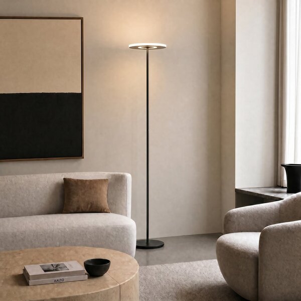 Lucande Λάμπα δαπέδου LED Raymond, μαύρη, CCT, με δυνατότητα ρύθμισης έντασης, ρυθμιζόμενος, Μαύρο, Σαλόνι / τραπεζαρία, Μέταλλο, σύγχρονο