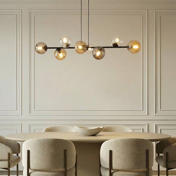 EMIBIG LIGHTING Κρεμαστό φωτιστικό Glassy, 8 φλόγες, μαύρο, γραφίτη/κεχριμπάρι/διαφανές, ρυθμιζόμενος, Μαύρο, Σαλόνι / τραπεζαρία, Γυαλί, σύγχρονο, Σφαίρα