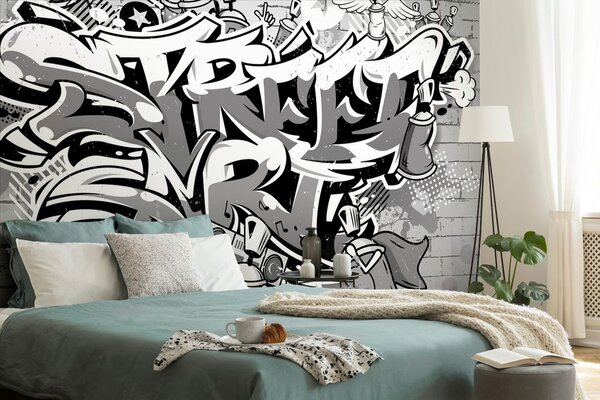 Αυτοκόλλητη ταπετσαρία γκρι επιγραφή Street Art με σπρέι
