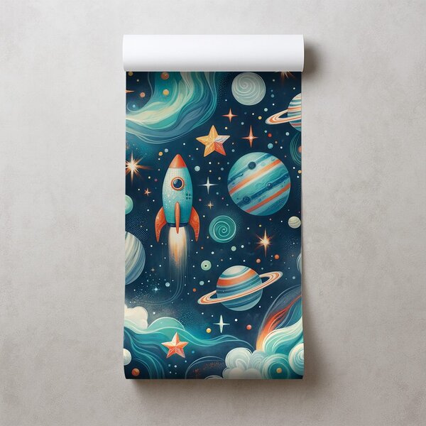 Ταπετσαρία τοίχου πολύχρωμο σύμπαν με πύραυλο