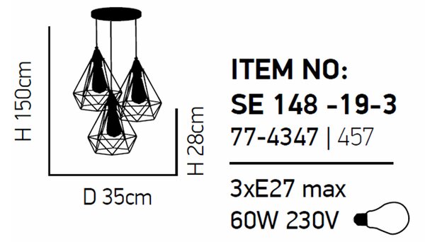 Φωτιστικό Οροφής Τρίφωτο Homelighting Mila 77-4347 Black