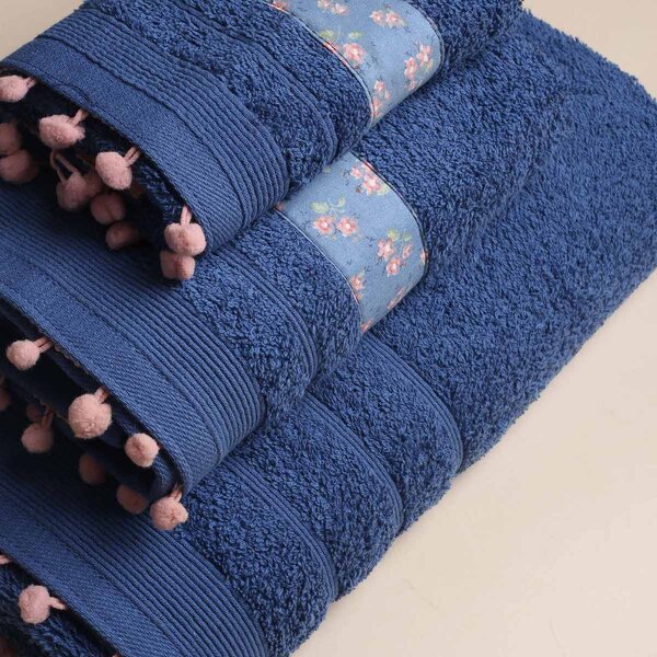 Πετσέτα Χεριών (30x50) White Fabric Botanical Dark Blue 500gsm