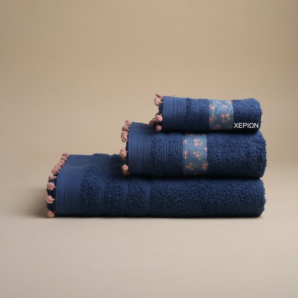 Πετσέτα Χεριών (30x50) White Fabric Botanical Dark Blue 500gsm