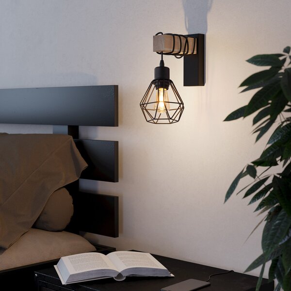 EGLO Φωτιστικό τοίχου Townshend, πλάτος 14 cm, μαύρο/δρυς, ρυθμιζόμενος, Μαύρο, Σαλόνι / τραπεζαρία, Μέταλλο, Vintage