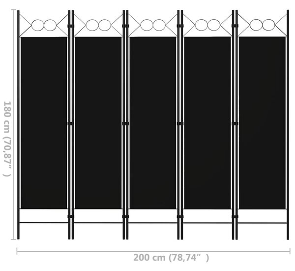 Διαχωριστικό Δωματίου με 5 Πάνελ Μαύρο 200 x 180 εκ. - Μαύρο