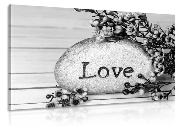 Πίνακας σε καμβά με επιγραφή Love σε πέτρα σε ασπρόμαυρη εκδοχή