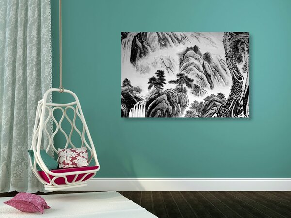 Πίνακας σε καμβά κινέζικη τοπιογραφία σε ασπρόμαυρο