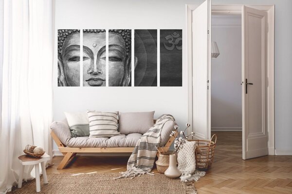 Πεντάπτυχος πίνακας πρόσωπο του Βούδα σε ασπρόμαυρο