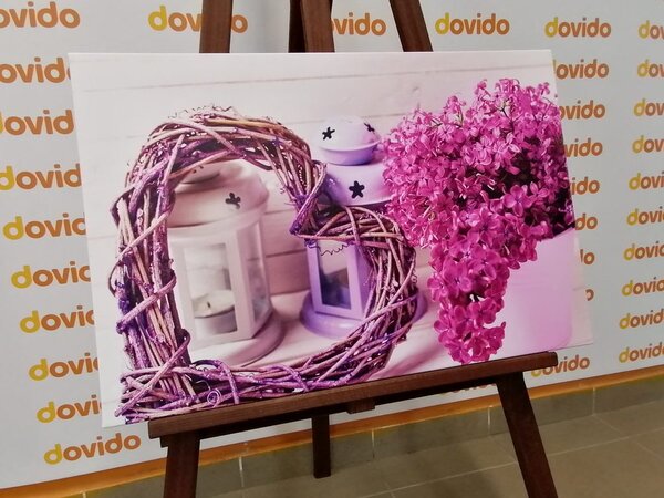 Πίνακας σε καμβά ψάθινη καρδιά με φαναράκια και πασχαλιά
