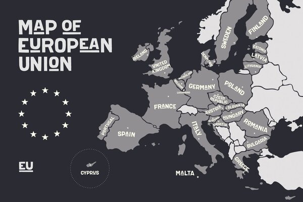 Ταπετσαρία τοίχου ασπρόμαυρος χάρτης με ονόματα χωρών της ΕΕ