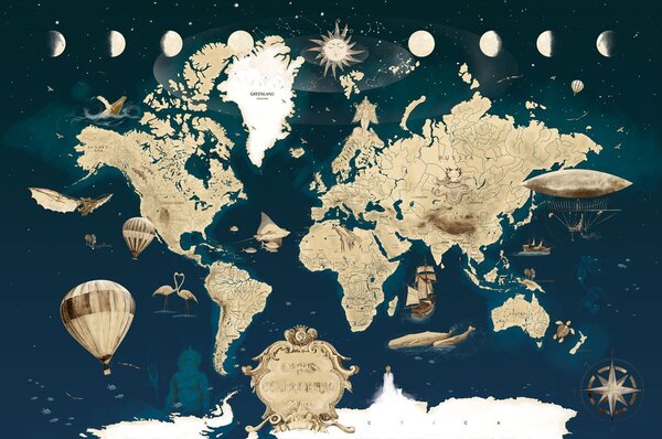 Ταπετσαρία τοίχου σχεδιασμένος χάρτης σε βασιλικό μπλε
