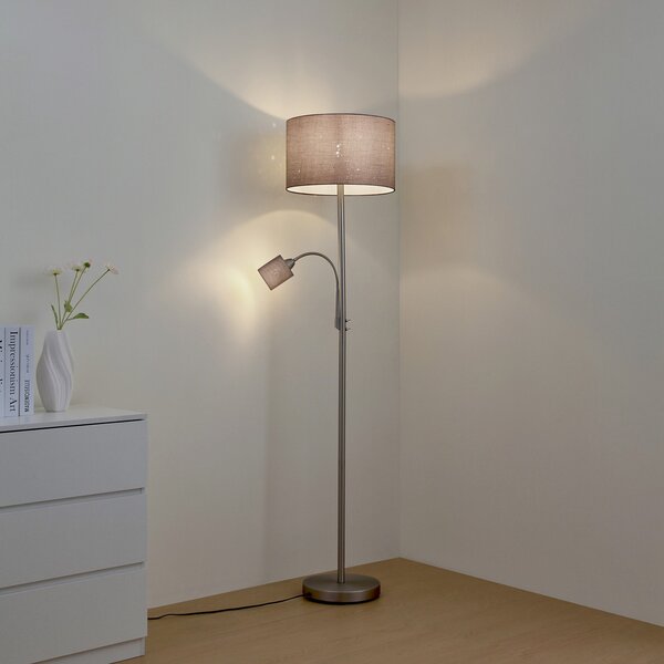 Lindby Φωτιστικό δαπέδου Jaileen, γκρι, ύφασμα, 170 cm, φως ανάγνωσης, Γκρι, Σαλόνι / τραπεζαρία, Ύφασμα / Κλωστοϋφαντουργία, σύγχρονο