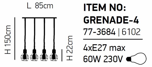 Φωτιστικό Οροφής Πολύφωτο Homelighting Grenade 77-3684 Rope/Black Matt