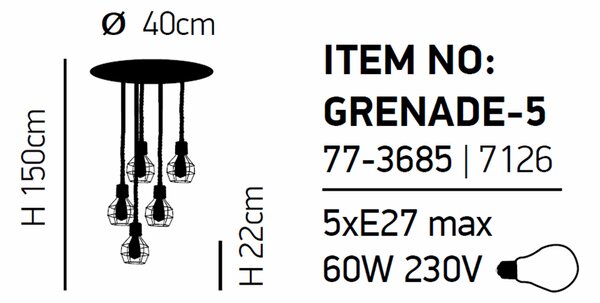 Φωτιστικό Οροφής Πολύφωτο Homelighting Grenade 77-3685 Rope/Black Matt