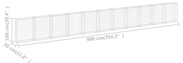 Συρματοκιβώτιο Τοίχος 900x30x100 εκ. Γαλβαν.Χάλυβας + Καλύμματα - Ασήμι