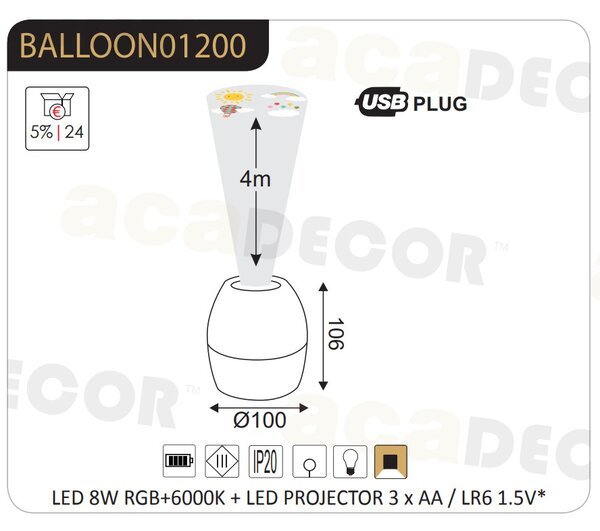 Παιδικό Φωτάκι Νυκτός LED & Προβολέας Aca Balloon