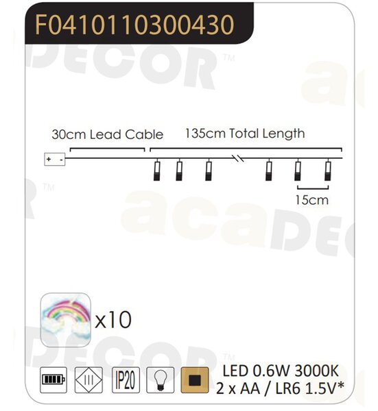 Διακοσμητική Γιρλάντα Μπαταρίας Με 10 LED Φωτάκια Aca F04101103 Rainbow