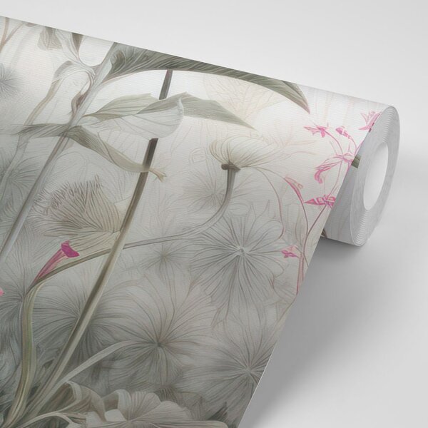 Ταπετσαρία τοίχου λουλούδια καλυμμένα από τη φύση με ροζ αντίθεση