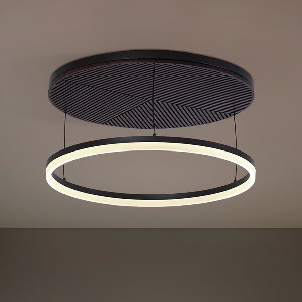 Lucande LED φωτιστικό οροφής Orven, μαύρο/ξύλο, Ø50cm, ρυθμιζόμενο, ρυθμιζόμενος, Μαύρο, Σαλόνι / τραπεζαρία, Μέταλλο, σύγχρονο