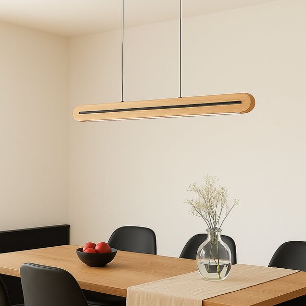 Lucande LED κρεμαστό φωτιστικό Darnor, ξύλο, CCT, μήκος 100 cm, ρυθμιζόμενος, Ξύλου, Σαλόνι / τραπεζαρία, Ξύλο, σύγχρονο