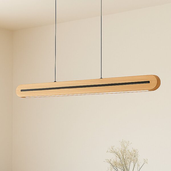 Lucande LED κρεμαστό φωτιστικό Darnor, ξύλο, CCT, μήκος 100 cm, ρυθμιζόμενος, Ξύλου, Σαλόνι / τραπεζαρία, Ξύλο, σύγχρονο