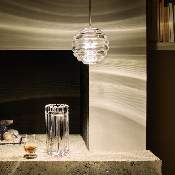 Tom Dixon LED κρεμαστή λάμπα Press Sphere, διαφανής, Ø 14 cm, 927, ρυθμιζόμενος, Διαφανές, Σαλόνι / τραπεζαρία, Γυαλί, σχεδιασμός