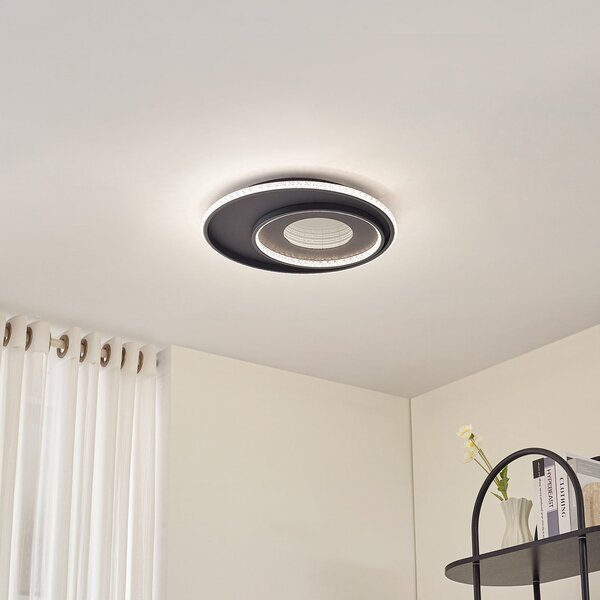 Lindby LED οροφής Inessa, Ø 51cm, μαύρο, CCT, ρυθμιζόμενο, ρυθμιζόμενος, Μαύρο, Σαλόνι / τραπεζαρία, Μέταλλο, σύγχρονο